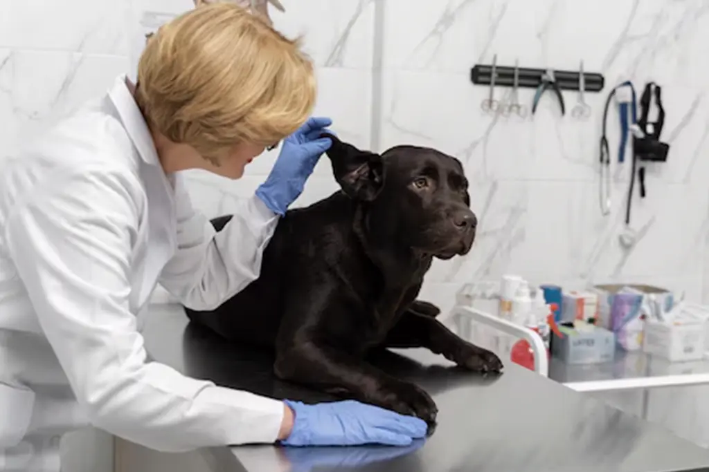 Veterinarian treating dog with renal dysplasia for kidney health.